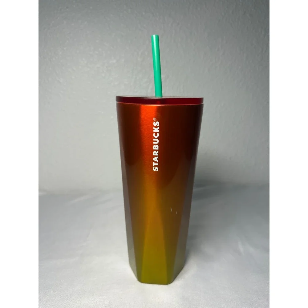 Starbucks 2022‎ Red Orange Yellow Ombre Faceted 24oz Cold Cup Tumbler with Straw